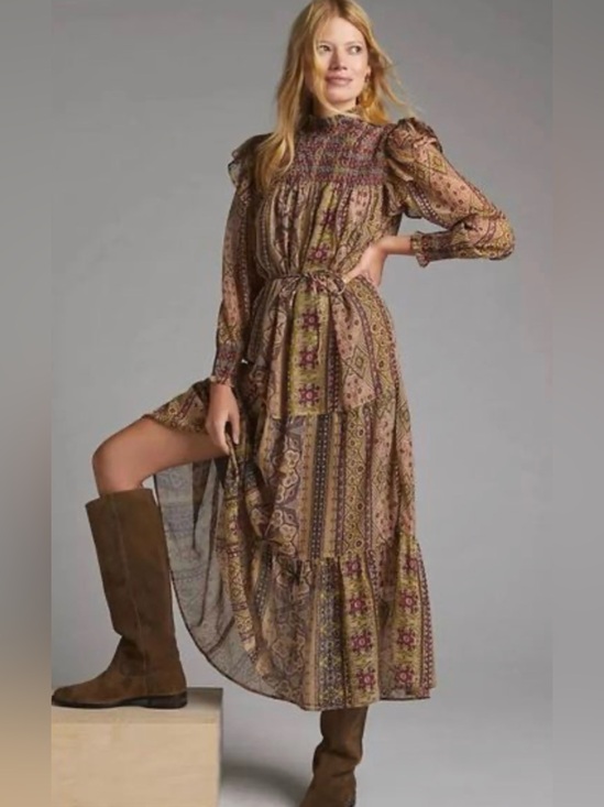 Anthropologie Dresses & Skirts - Anthropologie Llani Olive Green Boho Floral-Print Maxi Dress, tie waist, smocked